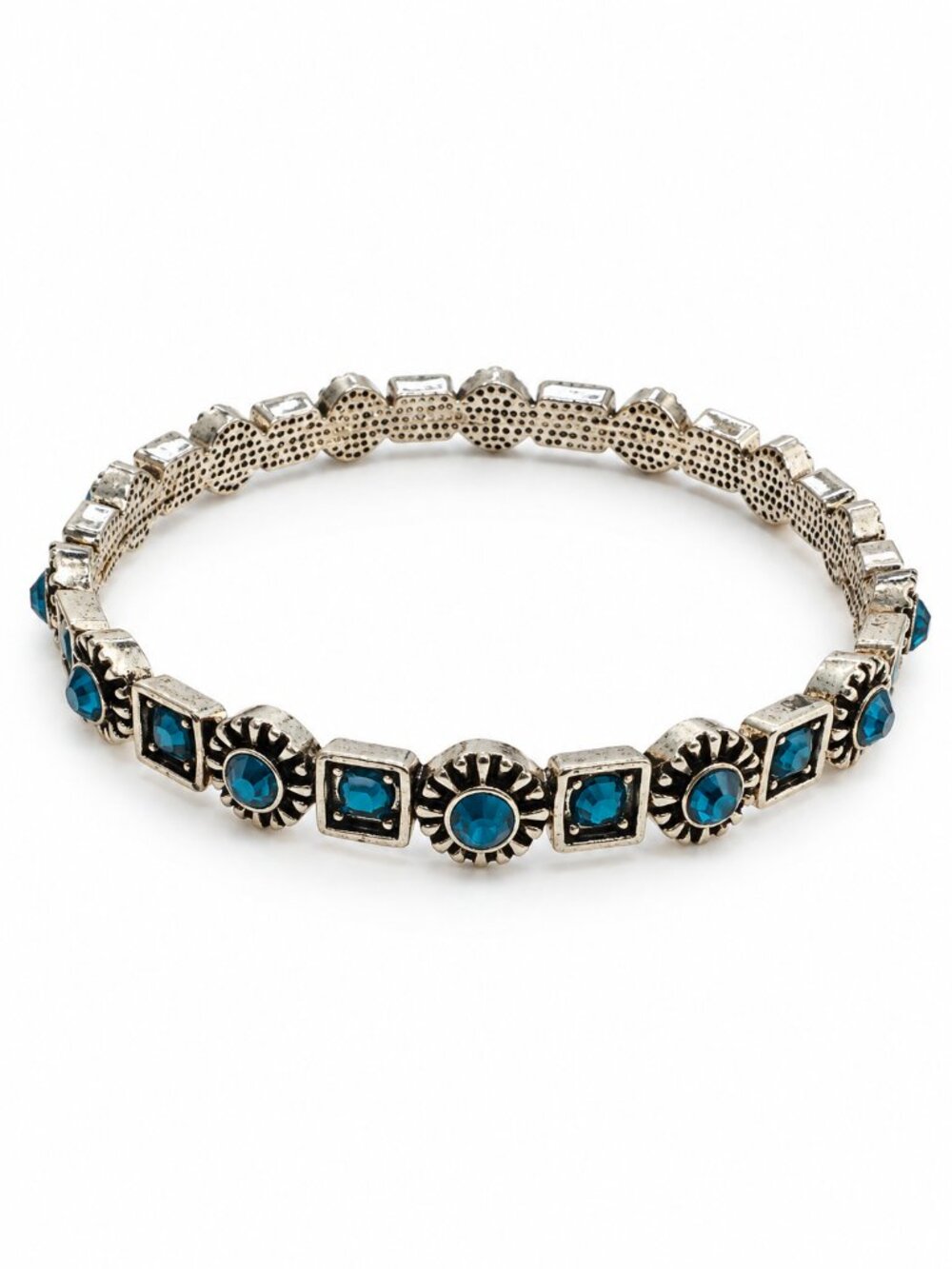 Turquoise Blue Crystal Silver Tone Stretch Bracelet Large 8.5"